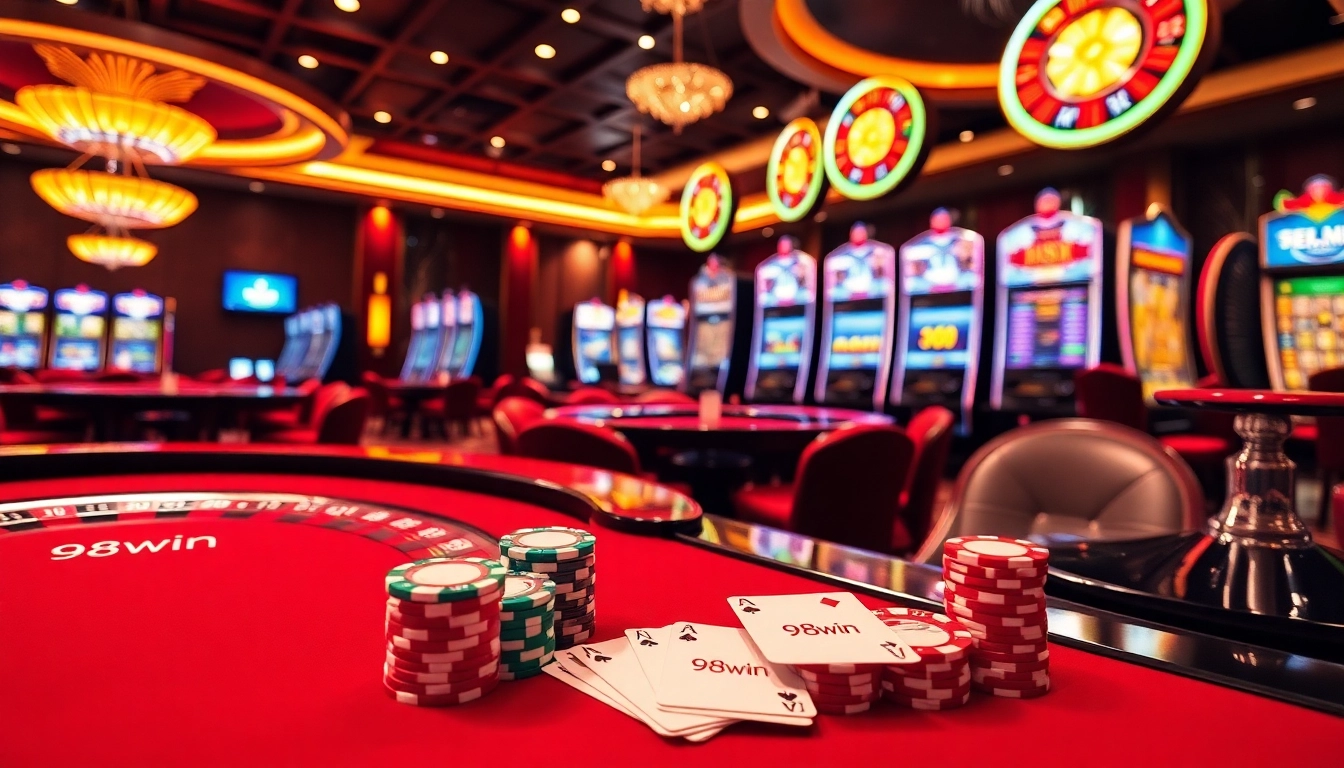 Experience thrilling betting action at 98win with vibrant casino tables and poker chips.