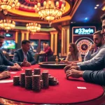 Players enjoying a thrilling poker game at 33win casino with colorful chips and a roulette wheel.