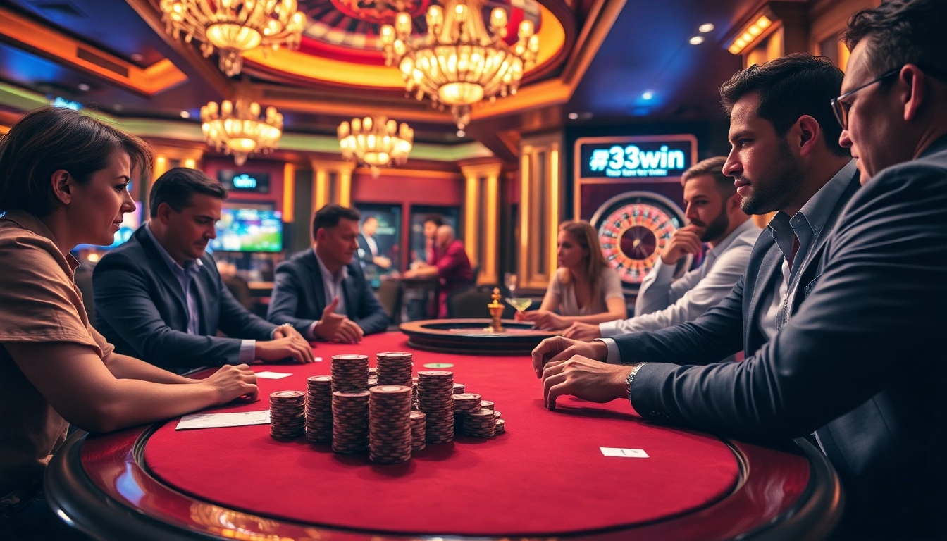 Players enjoying a thrilling poker game at 33win casino with colorful chips and a roulette wheel.