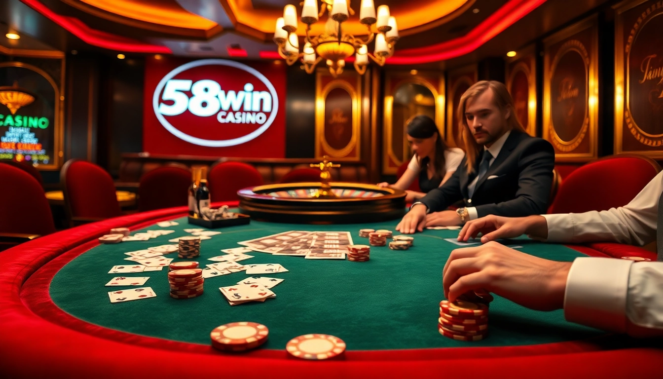 Exciting poker game experience with professional setups at 58win casino, highlighting cards and chips.