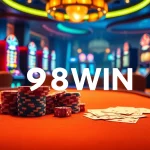 Engage in thrilling casino action with 98WIN poker chips and cards at a vibrant gaming table.