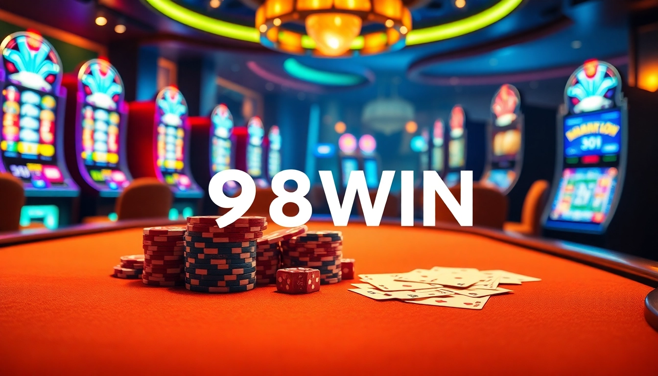 Engage in thrilling casino action with 98WIN poker chips and cards at a vibrant gaming table.