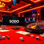 SODO Casino gaming ambiance with cards, poker chips, and a roulette wheel in a luxurious setting.