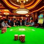 Engaged players strategize at the mb 88 poker table in a luxurious casino setting.