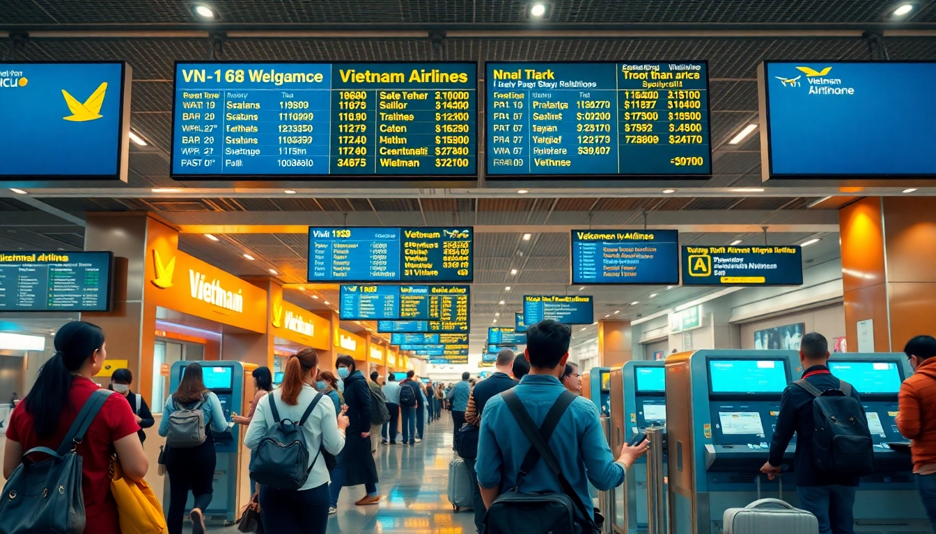 Vietnam Airlines VN168 flight scene at a busy airport with travelers.