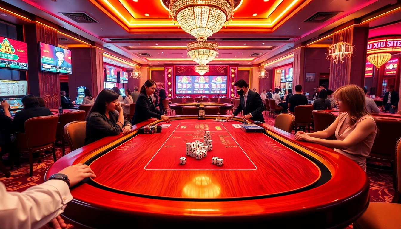 Tài Xỉu MD5 game showcasing intense gameplay with players placing bets at a casino table.
