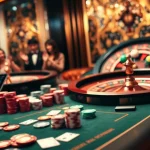 Exciting gambling scene at Nhà cái OK365 featuring poker table and roulette wheel.