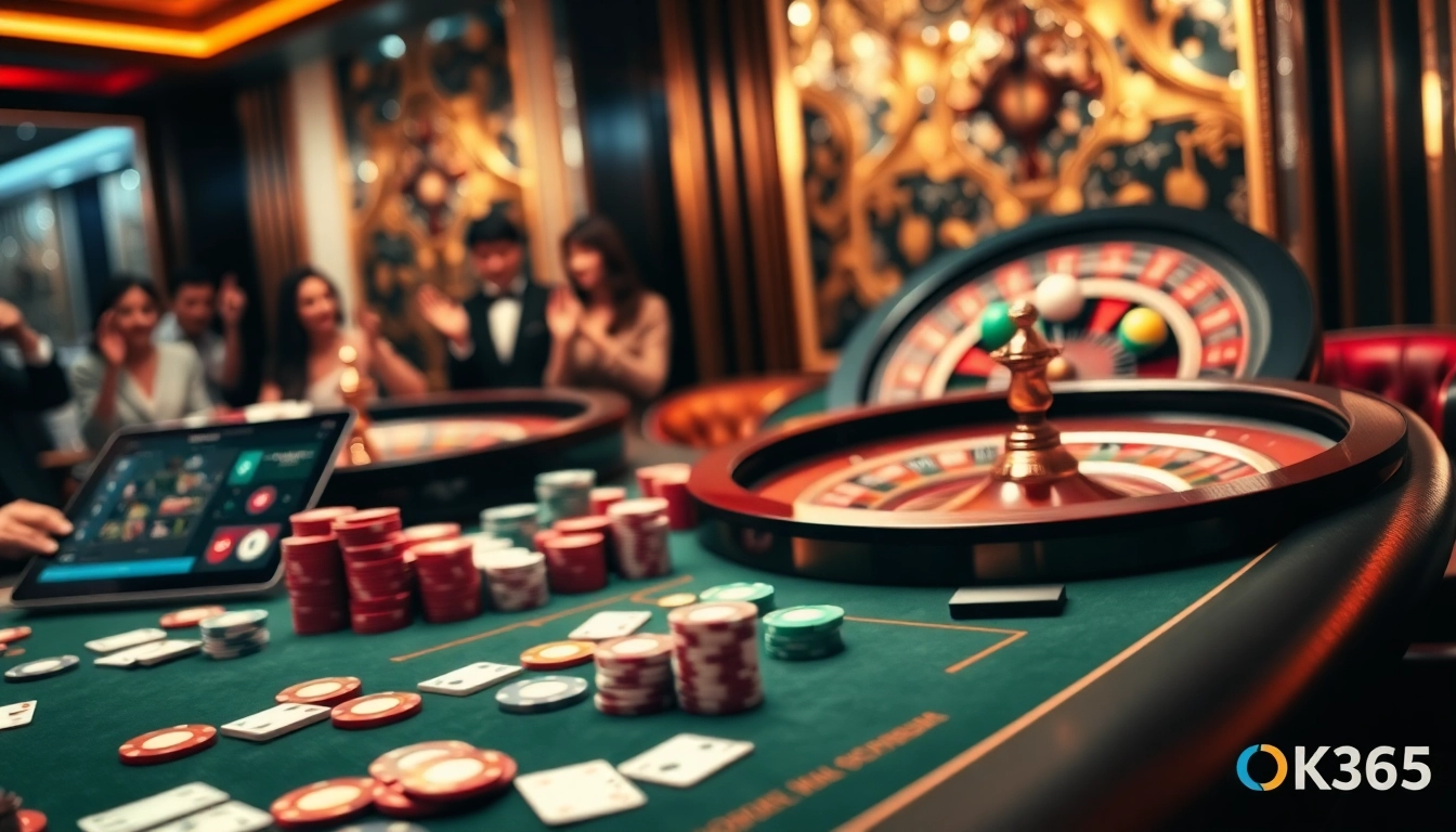 Exciting gambling scene at Nhà cái OK365 featuring poker table and roulette wheel.