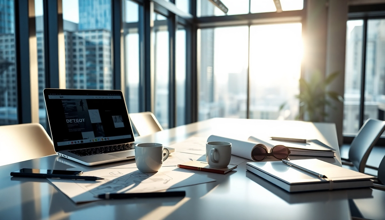 Engaging website development services displayed on a modern desk with design tools and laptops.