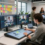 AI image of a video to prompt workspace with developers analyzing video data using advanced technology