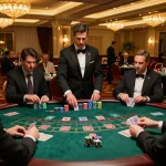 Players engage in strategic betting at the blackjack table in a luxurious casino, promoting sunwin.