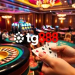 Tg88 branding highlighted in a luxurious casino scene with cards and chips.