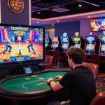 Engaging gaming atmosphere at 99WIN, where players enjoy online slot games and poker in a vibrant lounge filled with neon lights and dynamic promotions.