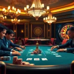 Experience the thrill of tg88 with players at a luxury poker table in an elegant casino setting.