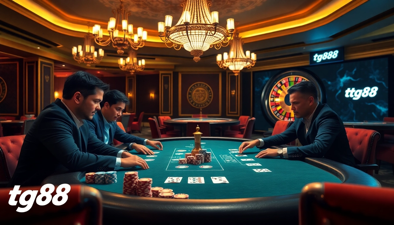 Experience the thrill of tg88 with players at a luxury poker table in an elegant casino setting.