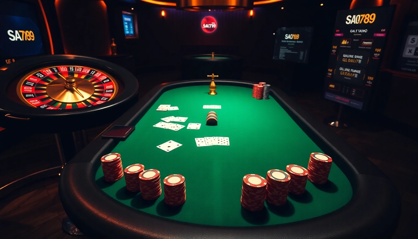 Exciting poker scene showcasing SAO789 with vibrant casino tables and betting options.