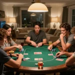 Friends enjoying a strategic poker game night at home using DR88 platform, with cards and chips visible on the table.