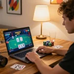 az888 player enjoying an online poker game on a laptop with chips and cards visible.
