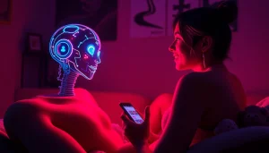 Engaging scene of NSFW AI chat interaction showcasing emotional depth and playful connection.