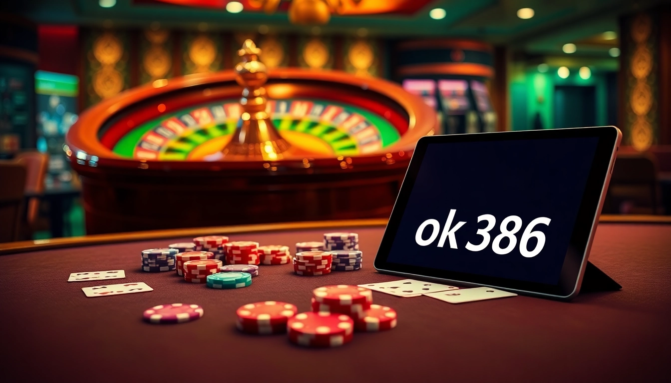 Experience the thrill of ok8386 at a luxurious casino table filled with chips and cards.