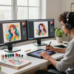 Digital artist generating image prompts at a modern creative workspace.