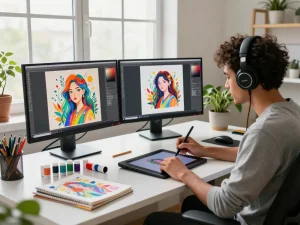 Digital artist generating image prompts at a modern creative workspace.