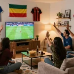 Cakhiatv football match viewing party with friends celebrating in a cozy living room, showcasing excitement and engagement.