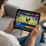 Engaging scene of Wala88 link on tablet screen, showcasing live rooster fights for betting