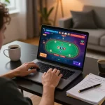 Engaging online gambling moment with au 88 poker game displayed on a laptop, embodying home comfort and strategy.