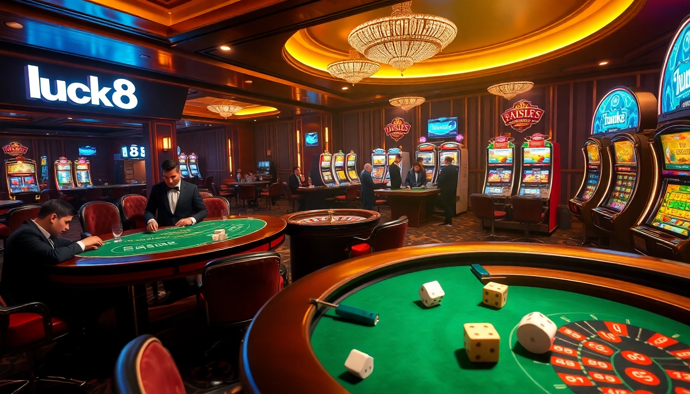 Experience the excitement of gambling at luck8's luxurious casino, featuring vibrant tables and thrilling games.