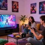 Players enjoying a thrilling sex simulator game in a cozy living room setting.