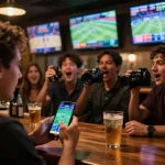 Fly88 nhà cái - Enthusiastic bettors engaged in sports betting at a lively bar, showcasing excitement.