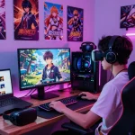 Gamer enjoying free porn games on a high-resolution monitor in an immersive gaming setup.