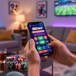 Person engaging with 888NEW mobile app while betting in a cozy living room setting.