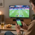 Betting enthusiast using 88vv app on smartphone while watching a live match in a cozy home setting.