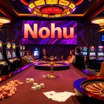 Nohu players engaging with vibrant slot machines and roulette in a luxurious casino.