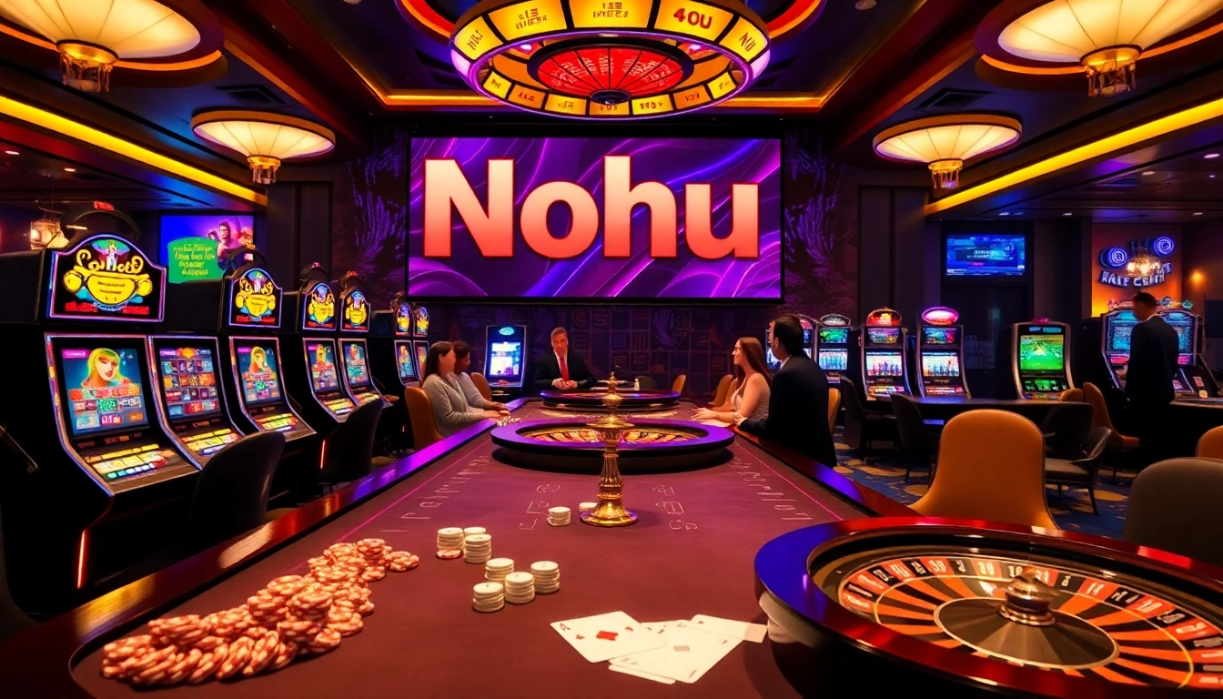 Nohu players engaging with vibrant slot machines and roulette in a luxurious casino.