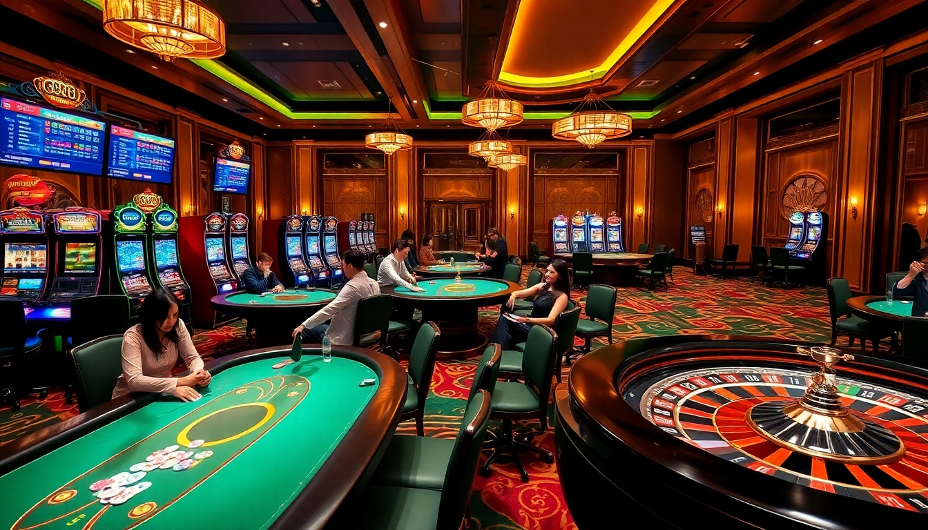 Players enjoying a thrilling gaming experience at GG88 with poker tables and vibrant slot machines.