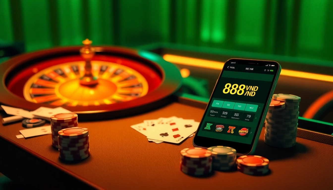 Experience the thrill of the 888vnd app with engaging casino elements like cards and roulette.