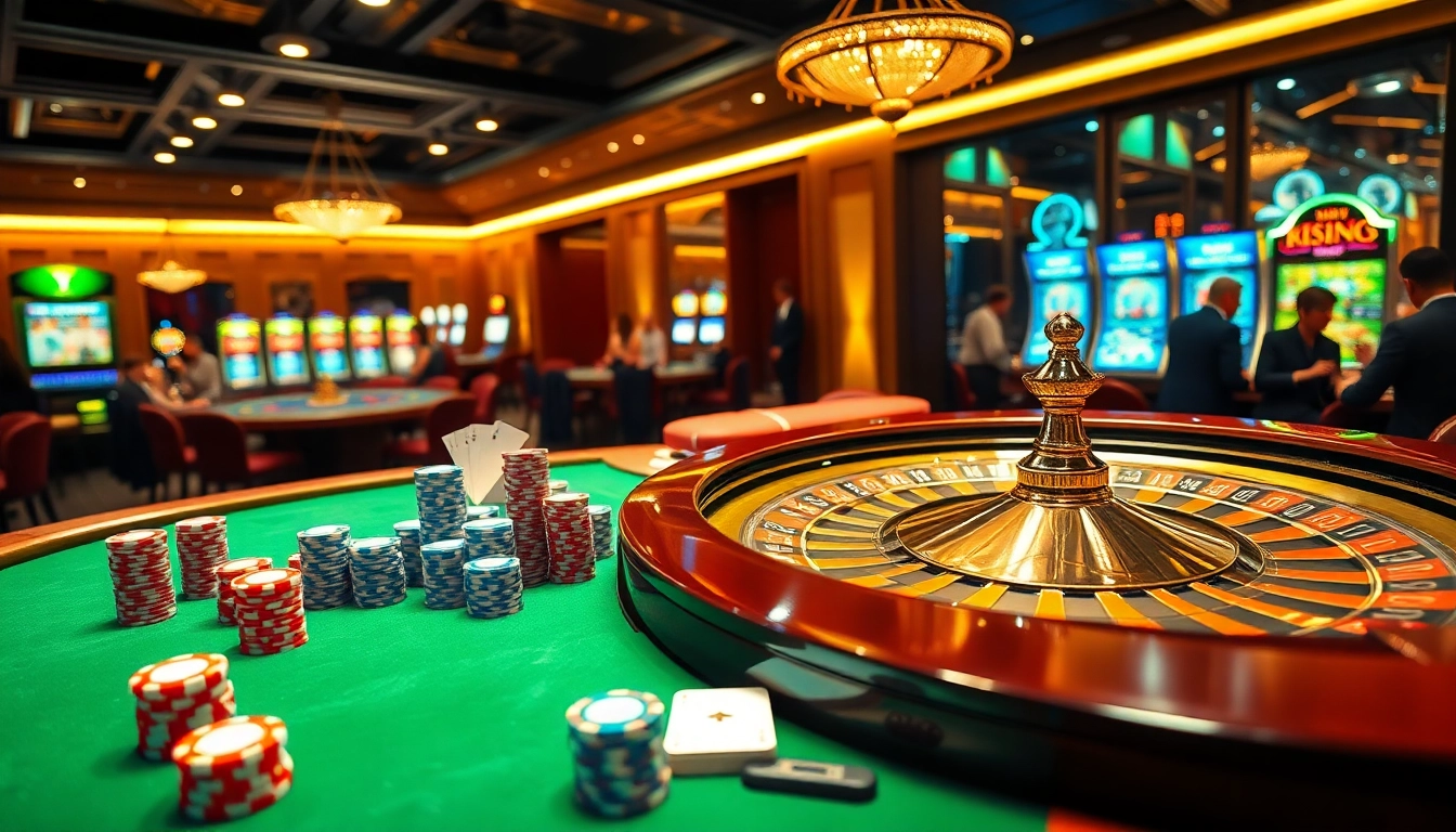 Experience the excitement of rich gambling action at rikvip with vibrant poker tables and a dynamic roulette wheel.