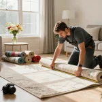 Residential carpet installation with skilled installer measuring new carpet in a bright living room.