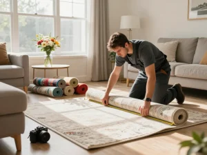 Residential carpet installation with skilled installer measuring new carpet in a bright living room.