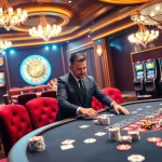 BJ88 casino scene with vibrant gaming table, glowing poker chips, and an engaging dealer in a luxurious atmosphere.