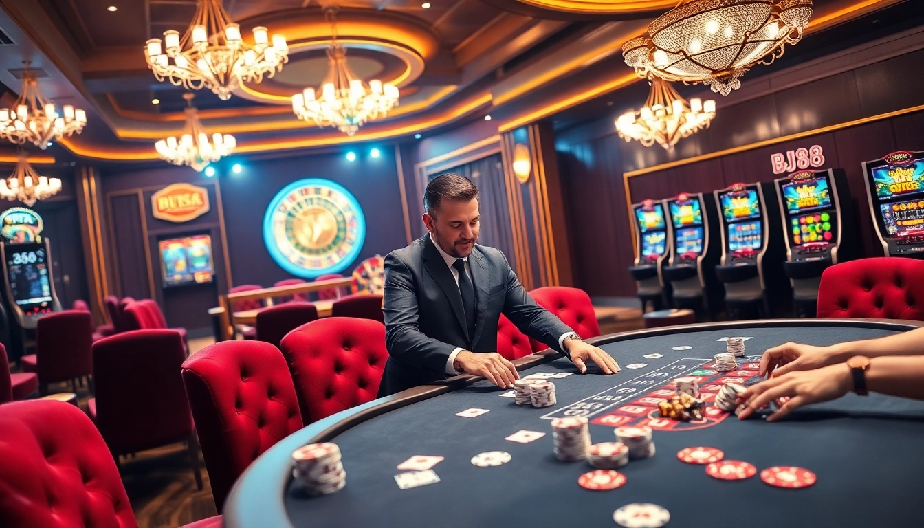 BJ88 casino scene with vibrant gaming table, glowing poker chips, and an engaging dealer in a luxurious atmosphere.