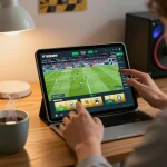 Person enjoying live football streaming at https://socolivees.tv/, surrounded by sports memorabilia and a cozy atmosphere