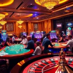 WW88 players enjoying the thrill of gambling at elegant casino tables with vibrant decor.