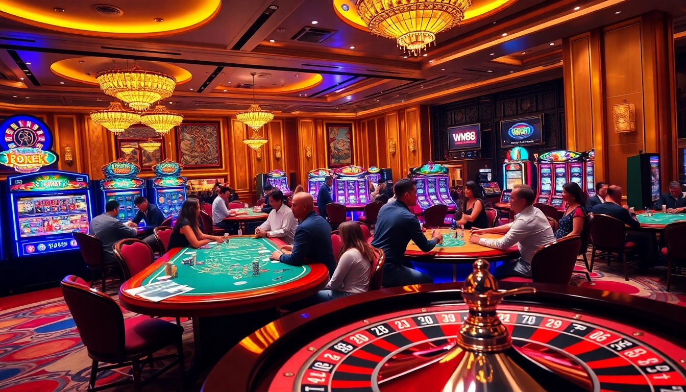 WW88 players enjoying the thrill of gambling at elegant casino tables with vibrant decor.