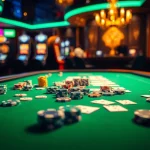GG88 casino table showcasing vibrant poker chips, dice, and cards in an exciting gaming atmosphere.