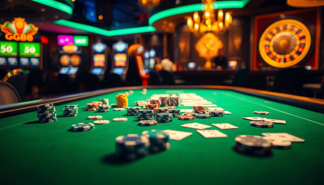 GG88 casino table showcasing vibrant poker chips, dice, and cards in an exciting gaming atmosphere.