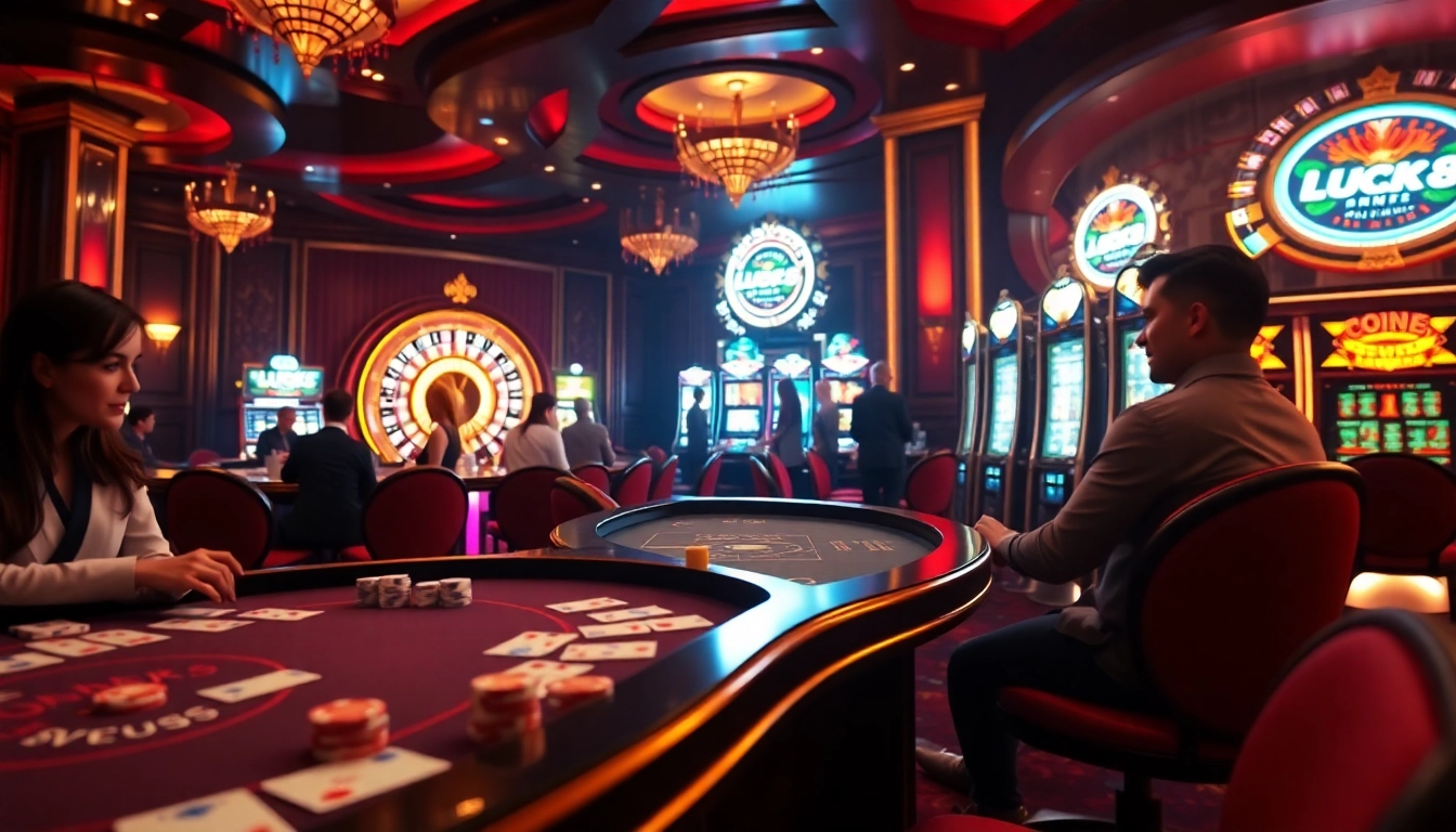 Watch gamers engage in thrilling online betting at https://luck8v.us.com/ amidst vibrant casino visuals.